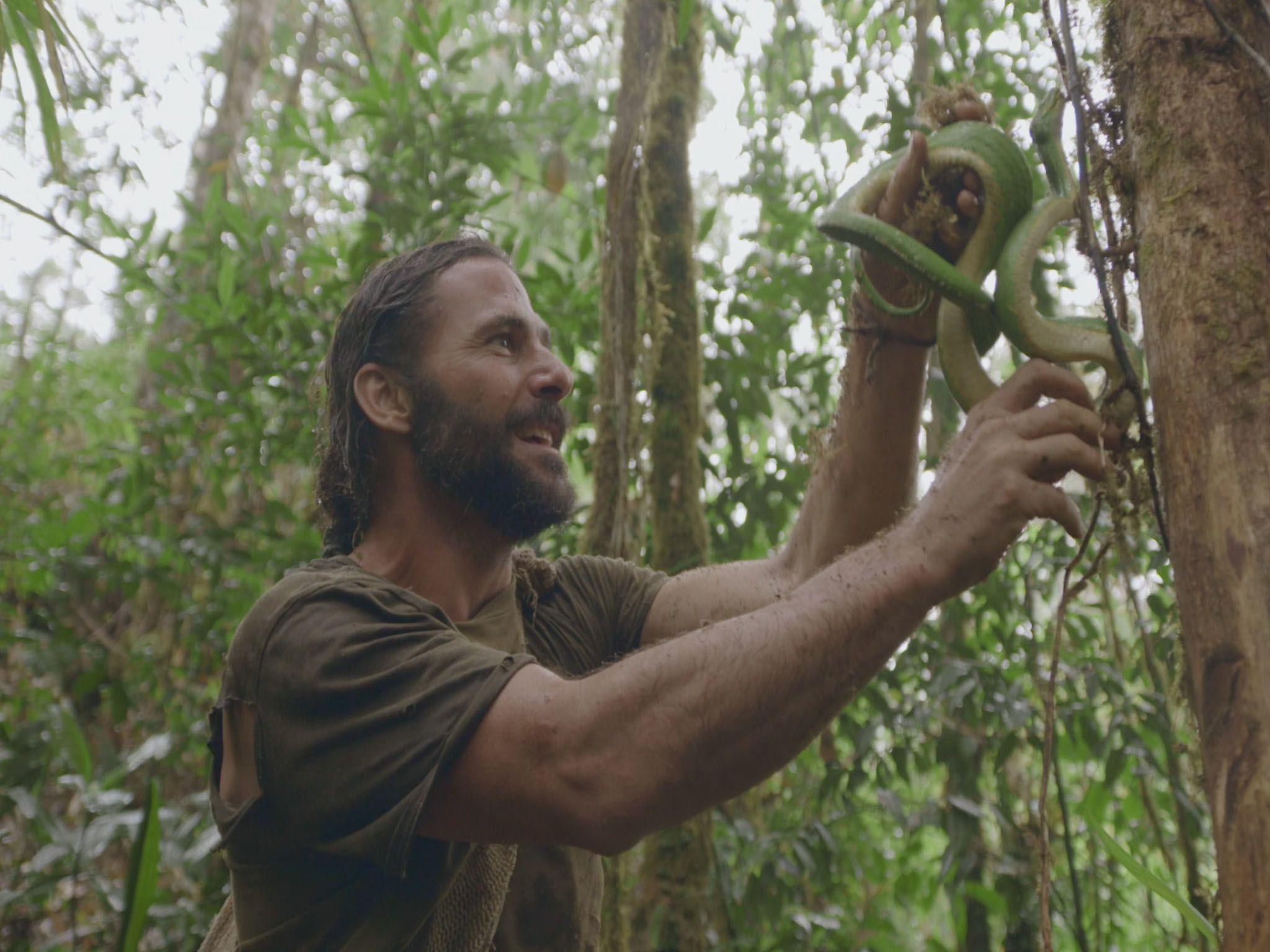 Hazen holding a green tree python in the jungle. This image is from Primal Survivor. [Photo of the day - April 2021]