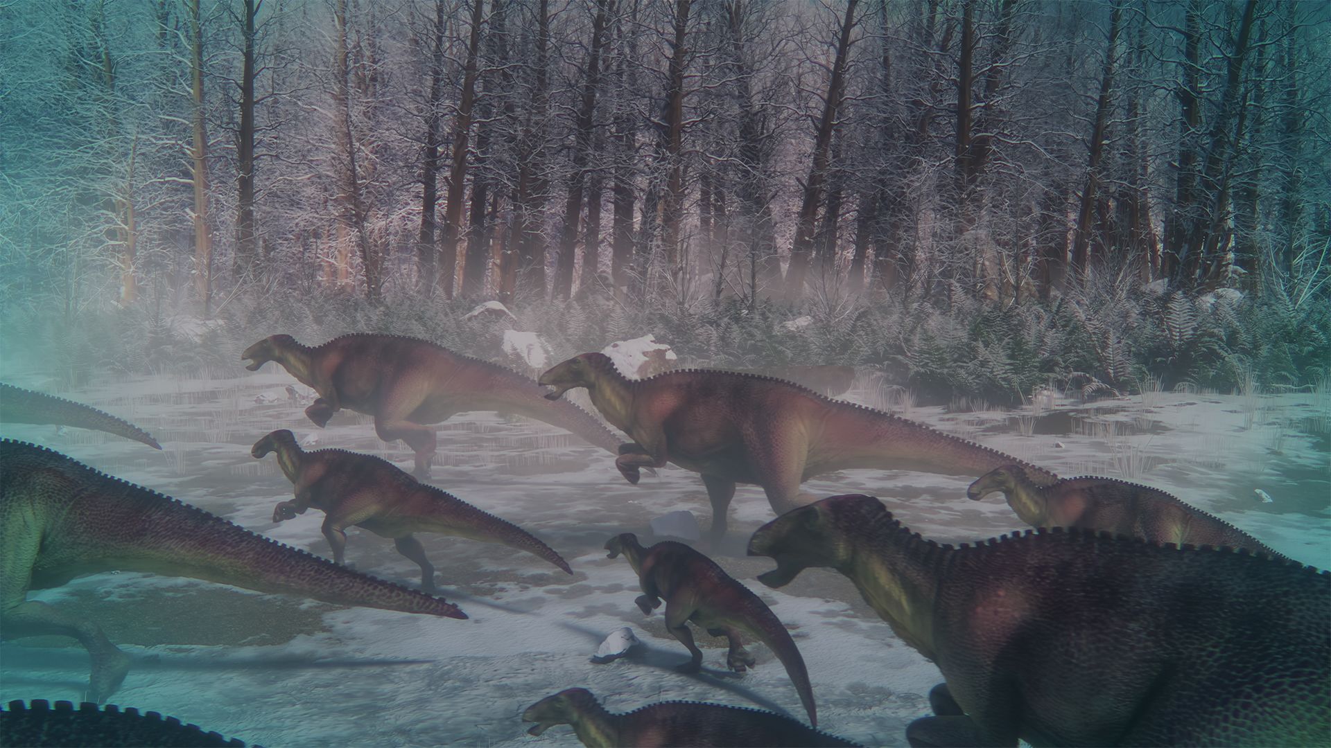 CGI of duck-billed dinosaurs in Alaska's dark arctic winter 70 million years ago. This is from... [Photo of the day - January 2022]