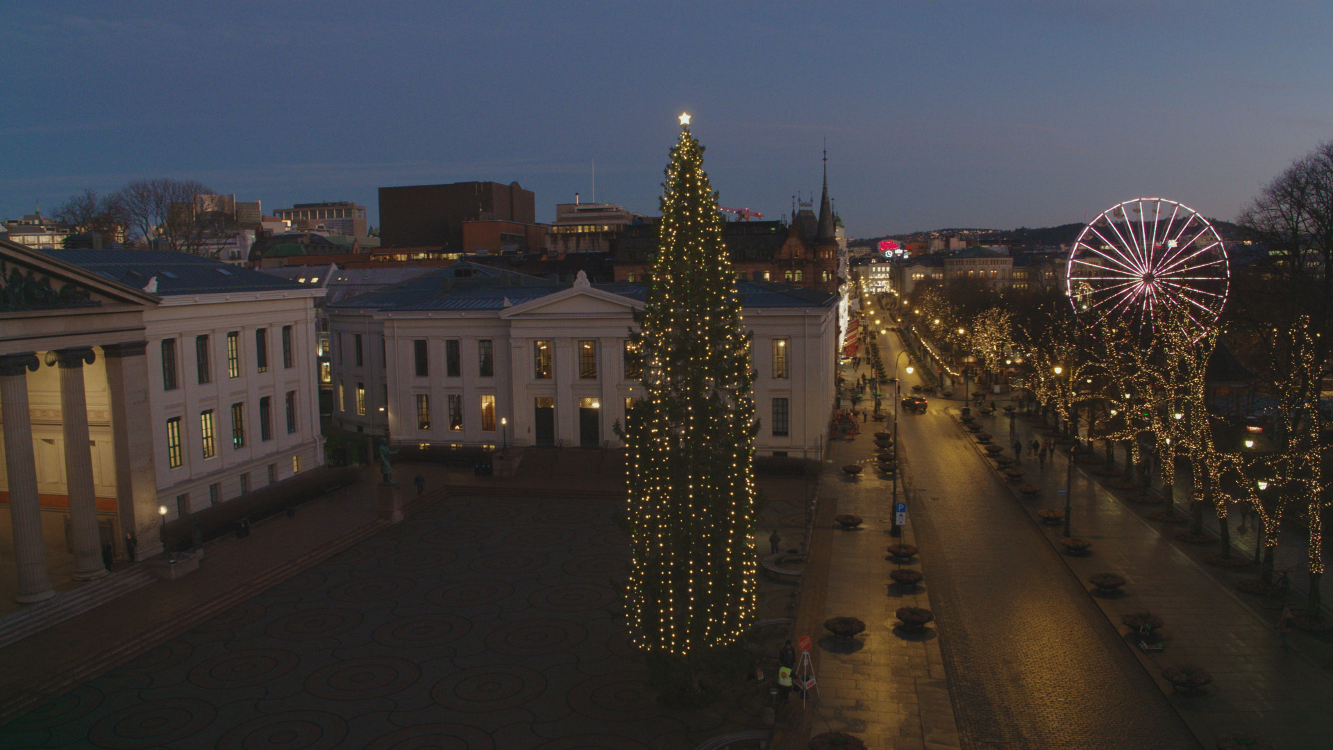 Big Christmas tree with lights at University Square in Oslo. This is from Europe from above. [Photo of the day - September 2022]
