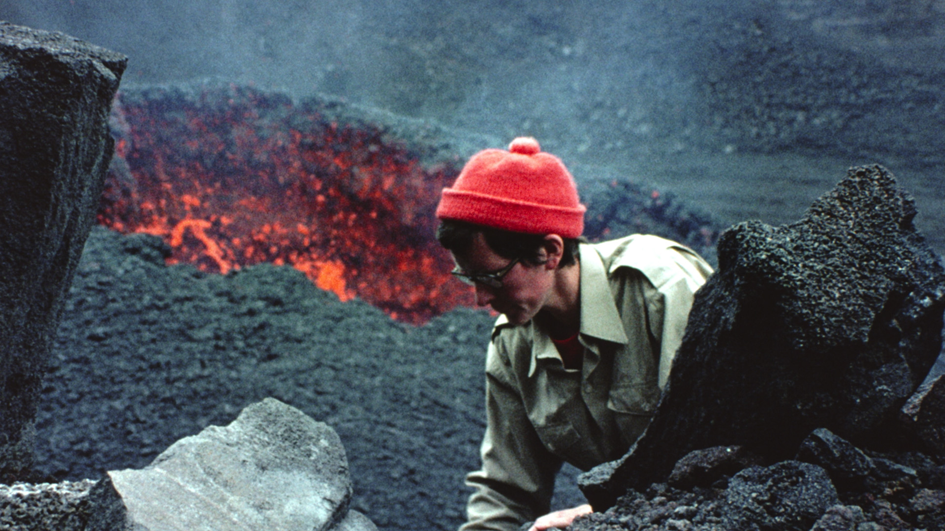 Katia Krafft climbs out of the crater of Piton de la Fournaise. This is from Fire of Love. [Photo of the day - March 2023]