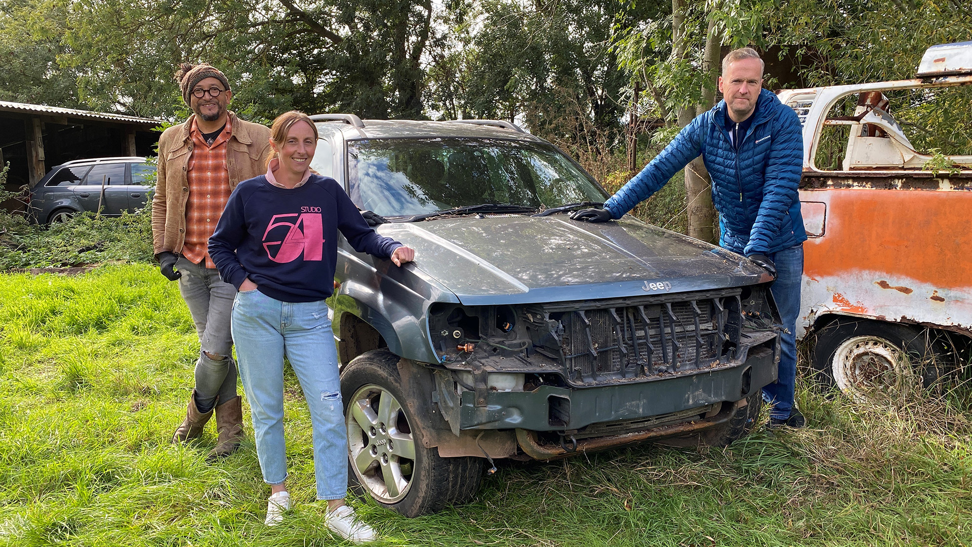 Fuzz Townshend, Sadie and Tim Shaw pose by Ben's Jeep. This is from Car S.O.S. Season 11. [Photo of the day - May 2023]