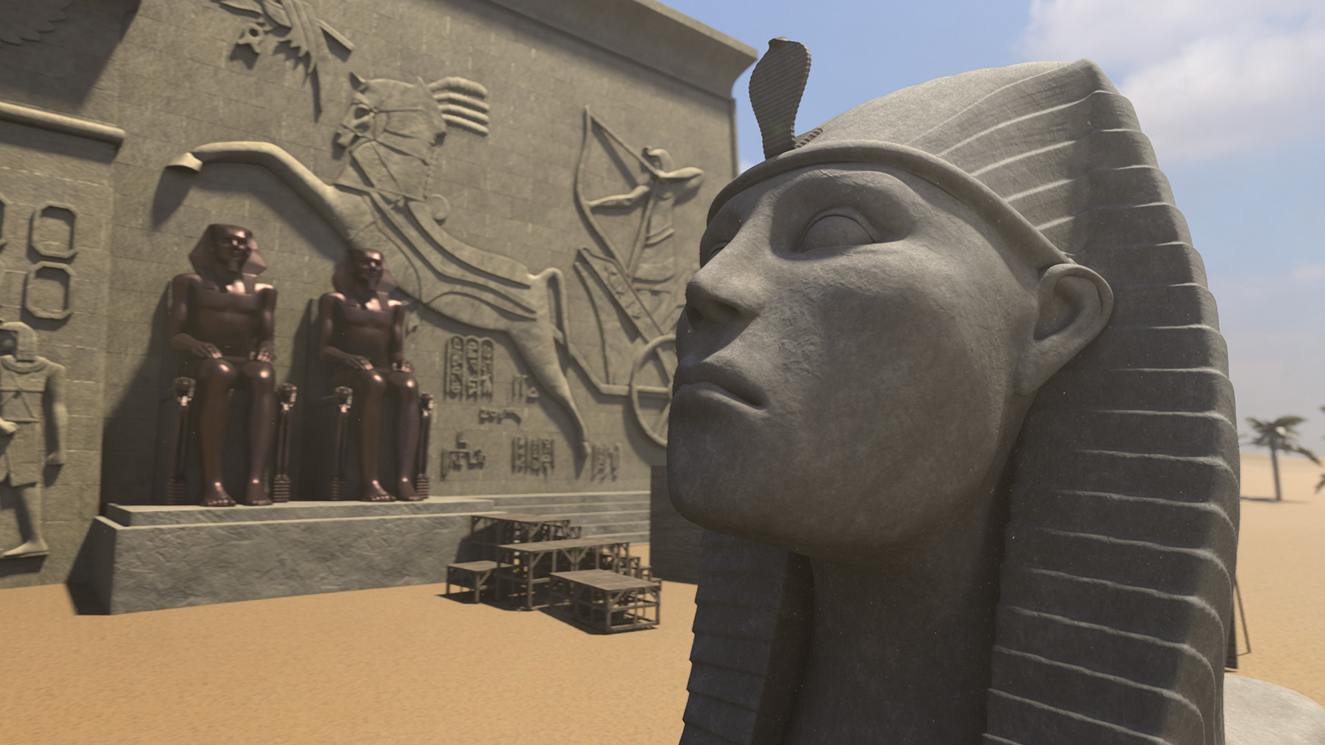 Lost City Reconstruction: Exterior. M/S of sphinx head (one in the two rows of sphinxes leading... [Photo of the day - June 2023]