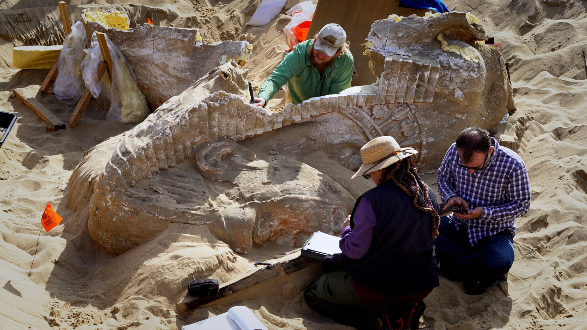 Researchers excavate a sphinx prop. This is from Drain the Oceans. [Photo of the day - June 2023]
