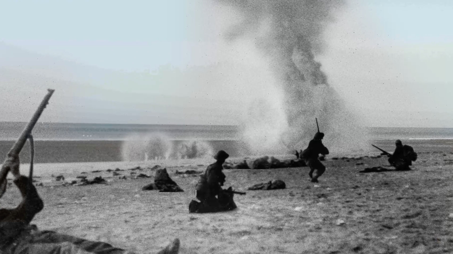 Soldiers on the beach defend themselves from incoming bombs with their riffles. This is from... [Photo of the day - September 2023]