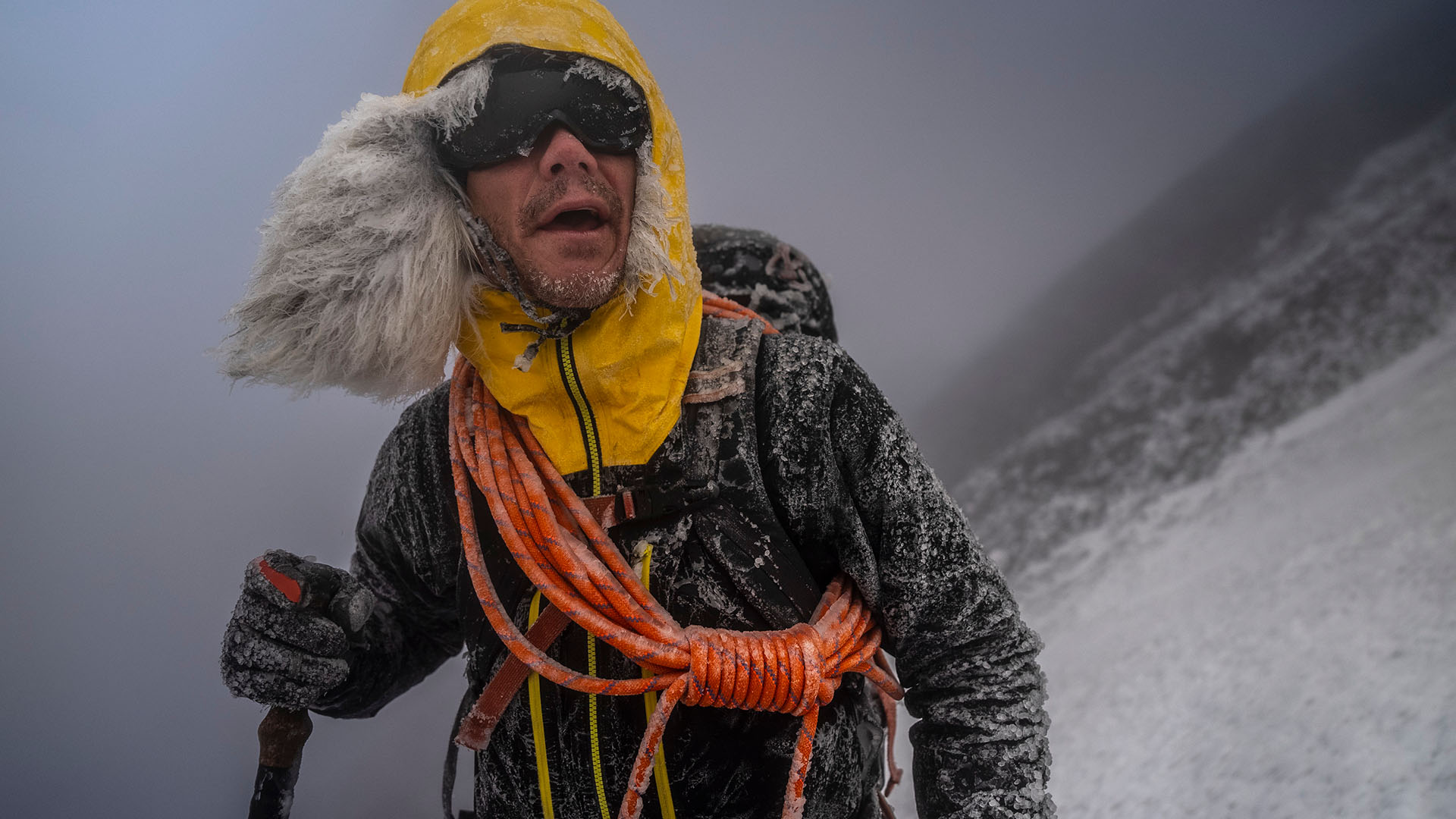 Climber Freddie Wilkinson is covered in a layer of snow and ice as he progresses on Mount... [Photo of the day - October 2023]