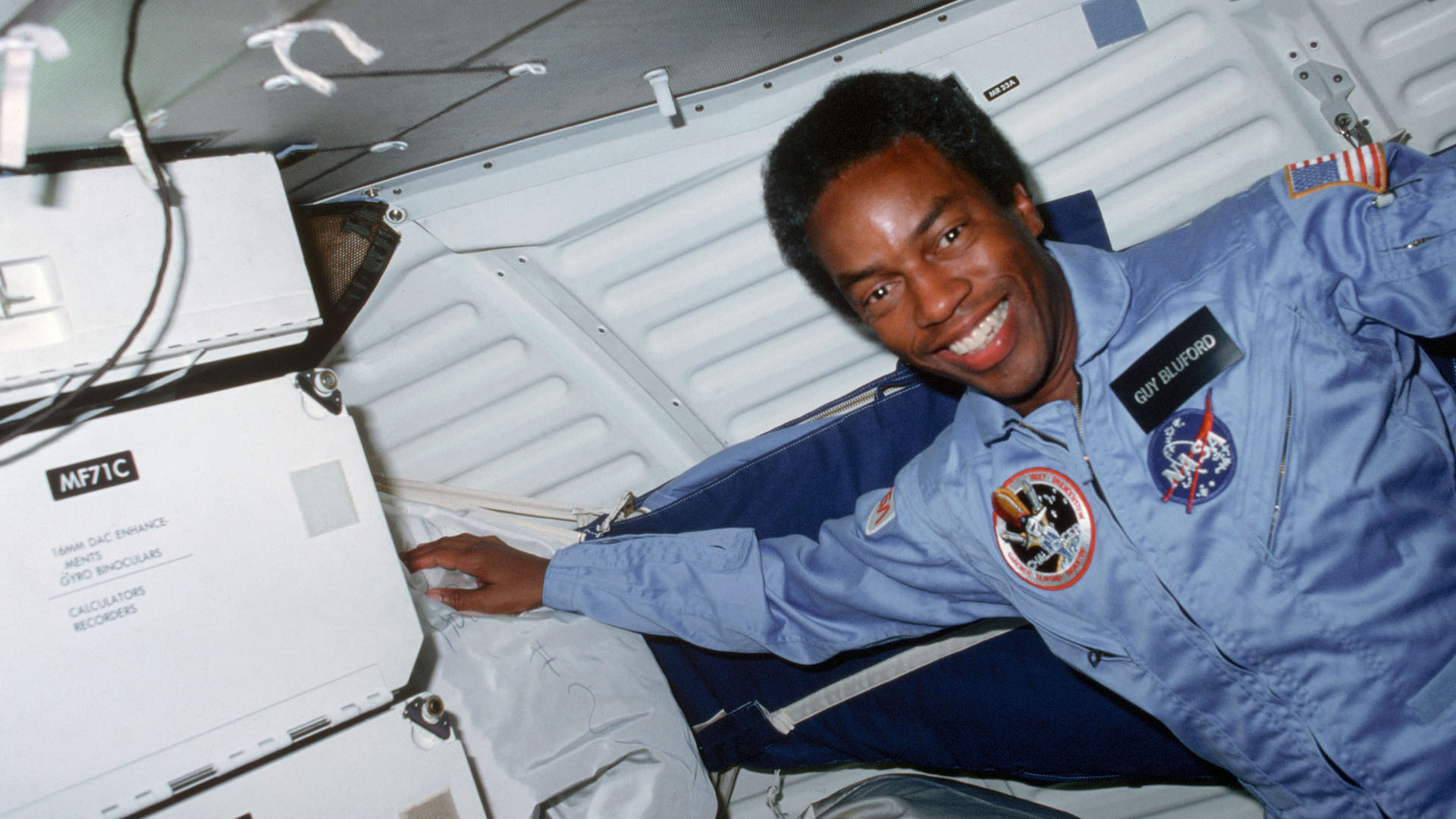 Astronaut Guion Bluford onboard STS-8. This is from The Space Race. [Photo of the day - February 2024]