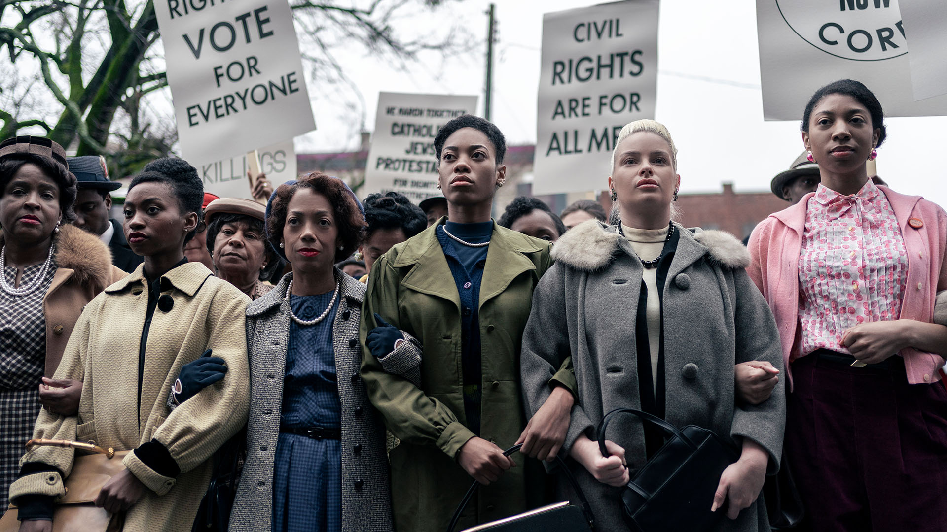 Protestors stand together in GENIUS: MLK/X. This is from Genius: MLK/X [Photo of the day - February 2024]