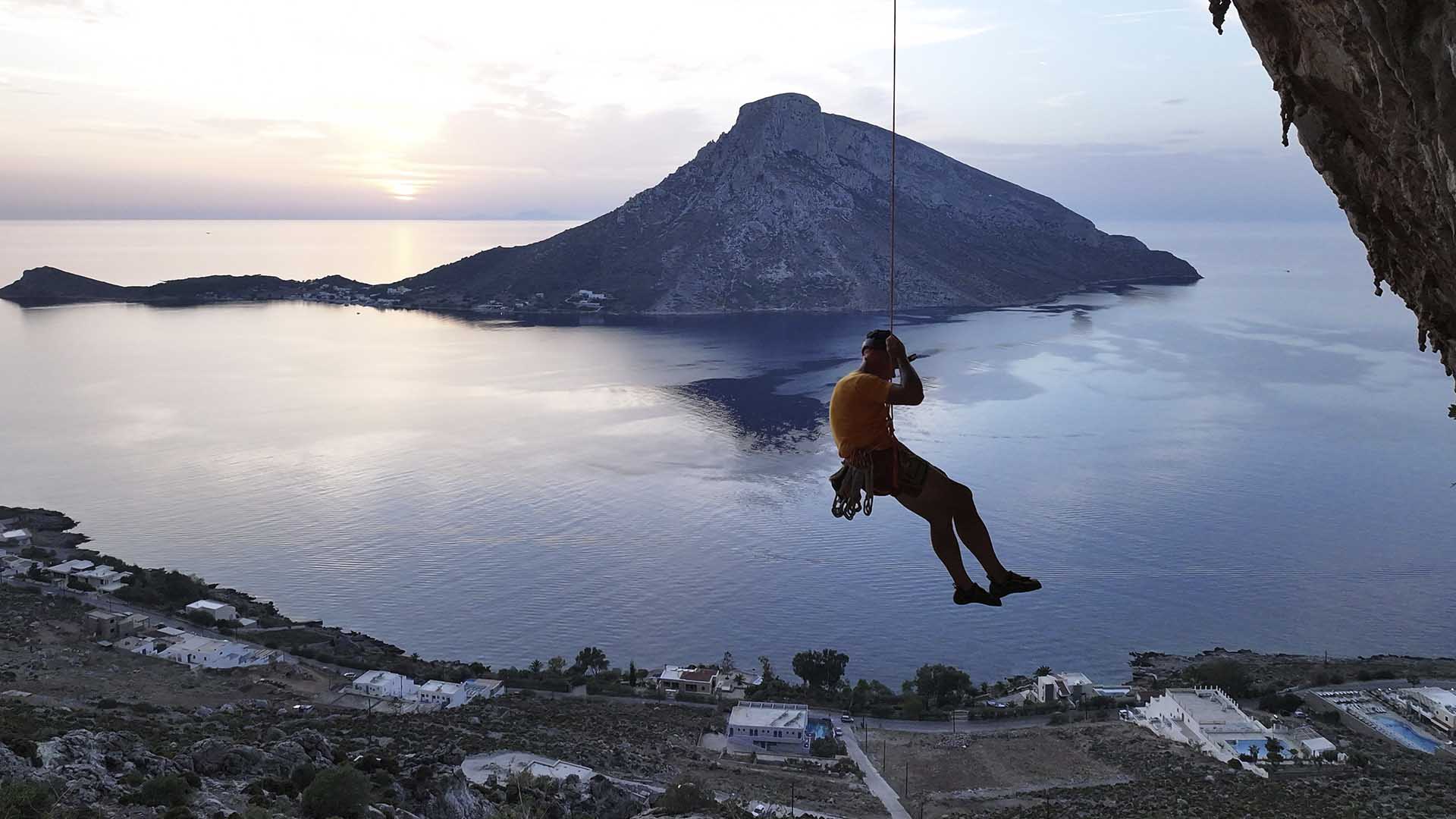 An aerial view of professional Aris Theodoropoulos hanging from Grande Grotta, as he checks the... [Photo of the day - October 2024]