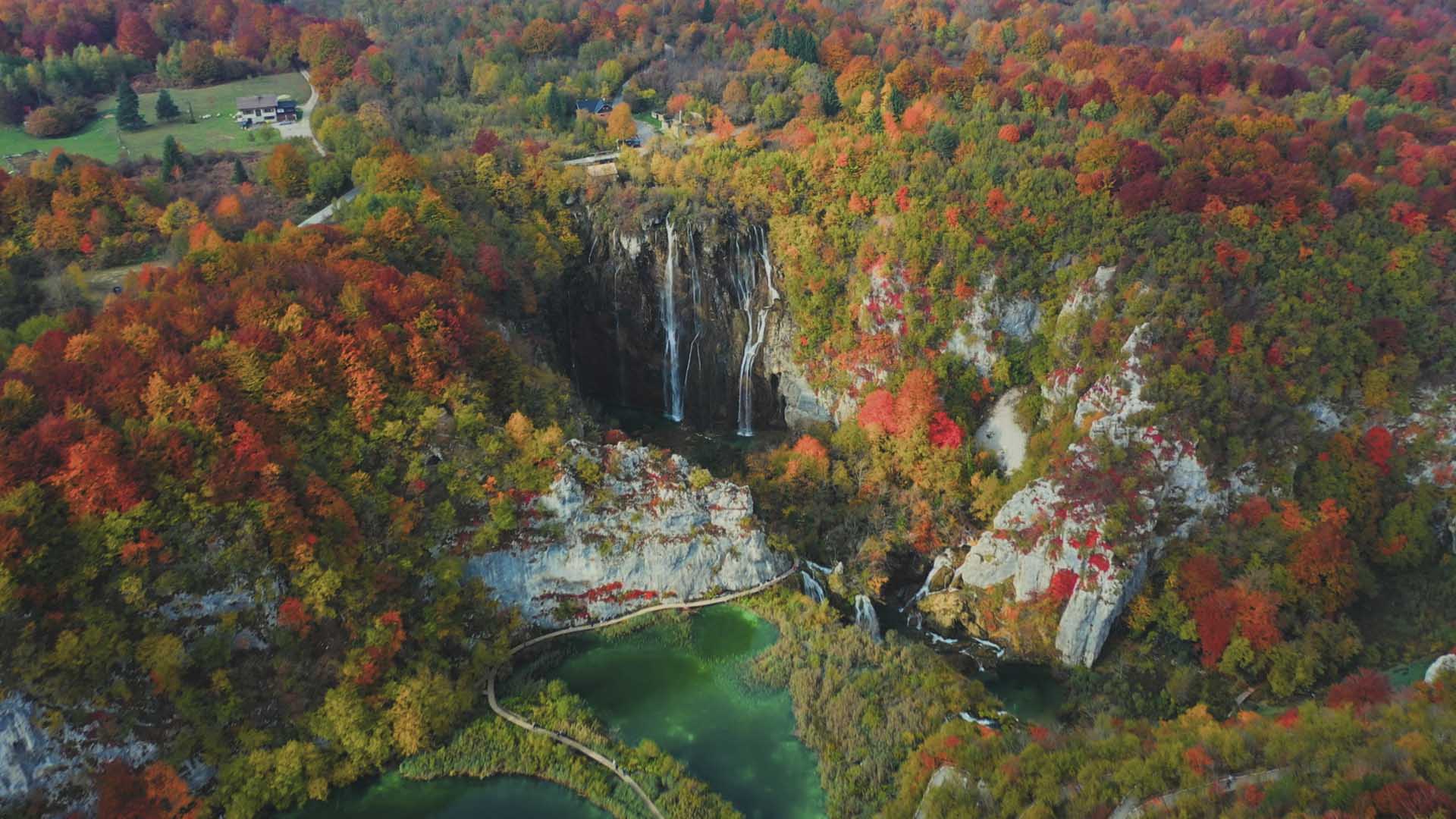 Plitvice Lakes National Park is seen in aerial view. Every autumn the forests surrounding the... [Photo of the day - October 2024]