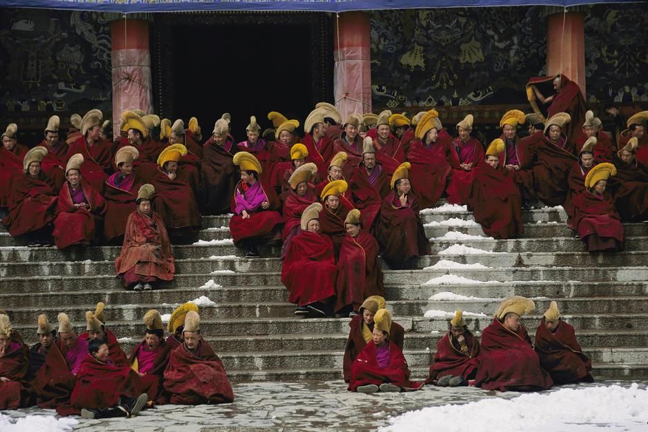 Monks of the Yellow Hat sect of Tibetan Buddhism gather for prayers at the Lebrang Monastery, Xiahe. [Photo of the day - December 2011]