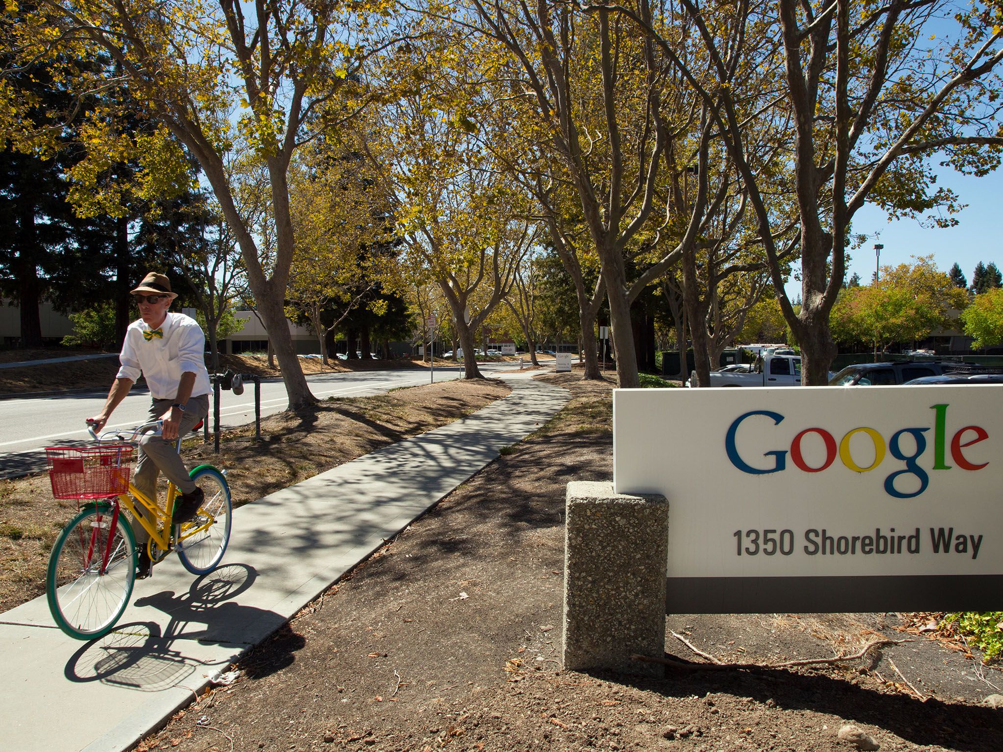 Mountain View, California: Bill Nye riding a Google bike through the Google campus. This image... [Photo of the day - November 2015]